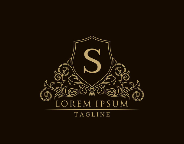 Luxury Royal Letter S Logo Design, Elegant Shield With Out Line Floral Design. - Vector, Image