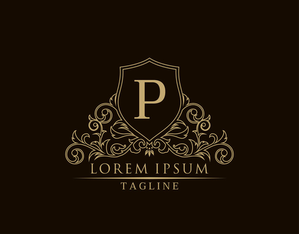 Luxury Royal Letter P Logo Design, Elegant Shield With Out Line Floral Design. - Vector, Image