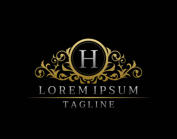 Luxe Boutique Letter H Monogram Logo, Elegante gouden badge met stijlvolle Floral Design. - Vector, afbeelding