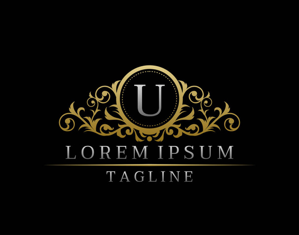Luxury Boutique Letter U Monogram Logo, Vintage Χρυσό Σήμα με κομψό Floral Design. - Διάνυσμα, εικόνα