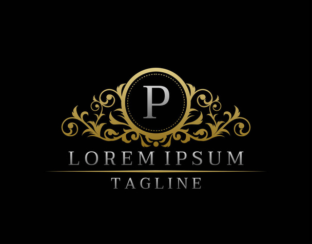 Logotipo del monograma de la letra P de la boutique de lujo, insignia dorada vintage con diseño floral elegante. - Vector, Imagen