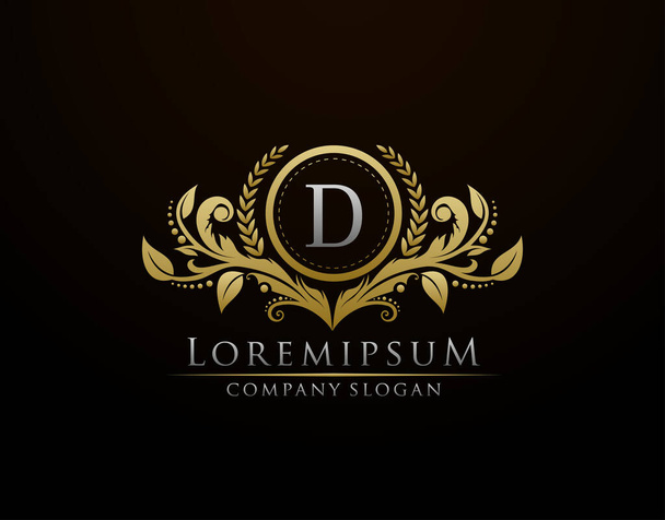 Logotipo de lujo de la letra D del monograma de la boutique del oro, insignia de oro vintage con diseño floral elegante. - Vector, Imagen