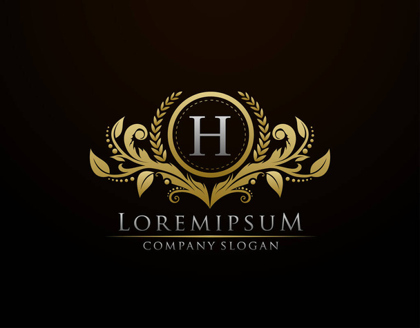 Logotipo de lujo del monograma de la letra H de la boutique del oro, insignia de oro vintage con diseño floral elegante. - Vector, Imagen