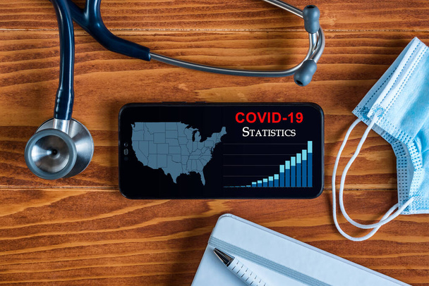 Coronavirus - COVID-19 concept: a smartphone sorrounded by a stethoscope, a medical mask and other objects with US map and COVID-19 Statistics on display - Photo, Image