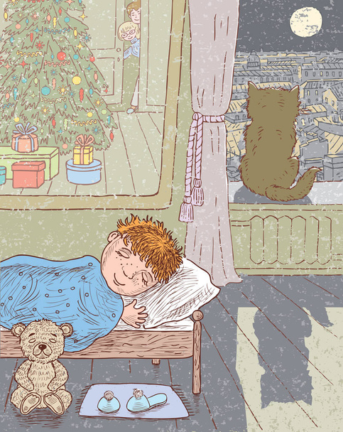 Freehand drawing of little boy sleeping in his room in christmas moonlit night - Vector, Image
