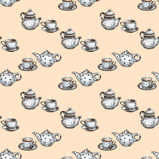 Seamless background of drawn porcelain teapots and teacups - Vector, Image