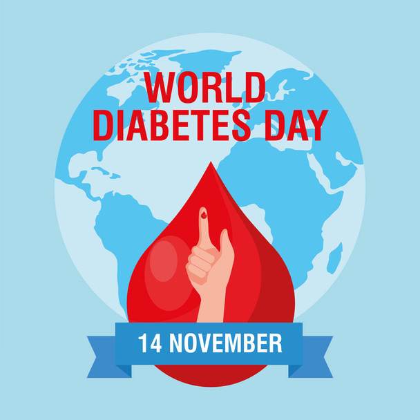 παγκόσμια εκστρατεία ημέρα του διαβήτη με σταγόνα αίματος στο δάχτυλο και τον πλανήτη γη - Διάνυσμα, εικόνα