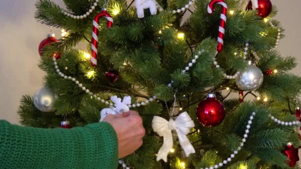 un hermoso árbol de Navidad está decorado - Metraje, vídeo