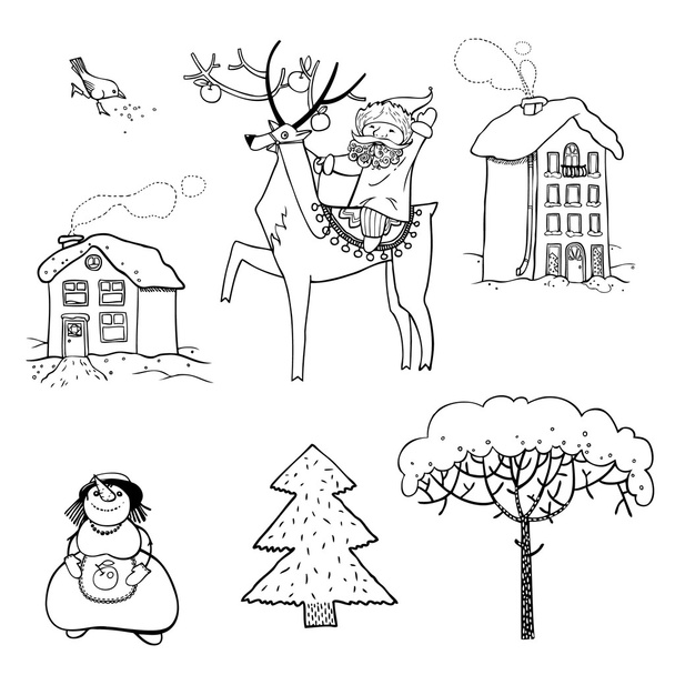 Establecer atributos de Año Nuevo: Papá Noel, renos, muñeco de nieve, invierno
 - Vector, Imagen
