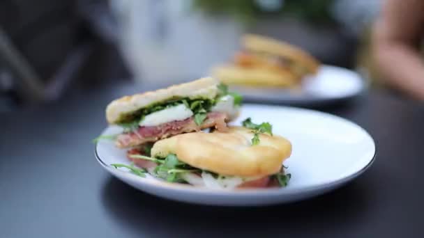 Close-up of a Tasty Meat and Lettuce Panini with a Thick Slice of Cheese in it - Filmagem, Vídeo
