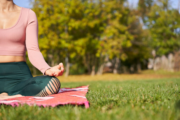 Primer plano de las manos de una mujer practicando yoga en el parque - relajándose en la naturaleza - Foto, imagen