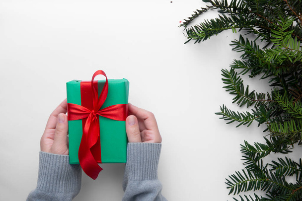  Hands hold Christmas present on a white background with Christmas tree - Φωτογραφία, εικόνα