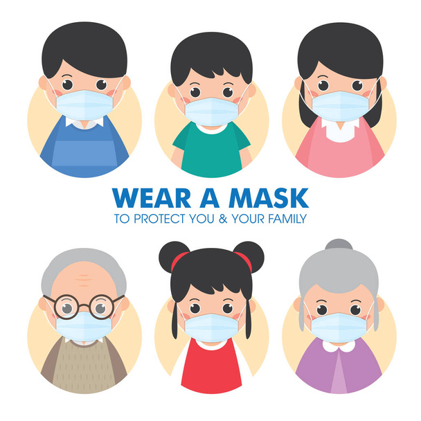 Сім'я носить захисну хірургічну та медичну маску для запобігання вірусу Ковід-19. Тату, мамі, дочці, синові, дідусеві та бабусі приклад з масками.. - Вектор, зображення