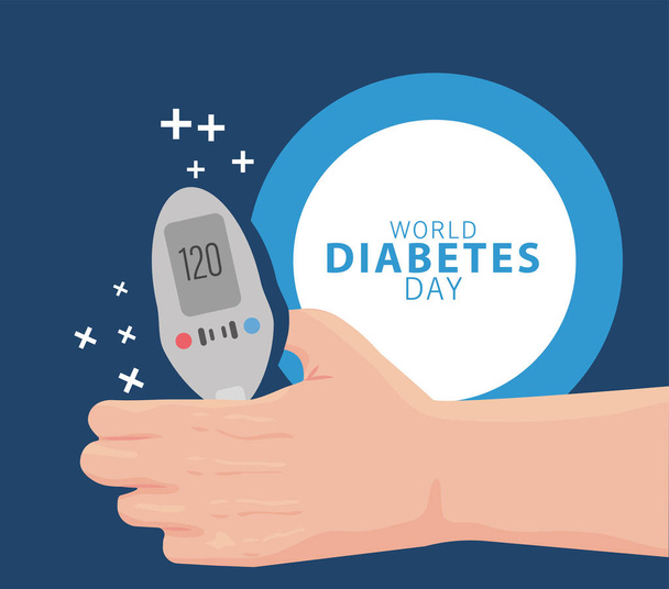 world diabetes day campaign with hand lifting glucose meter - Vektor, Bild