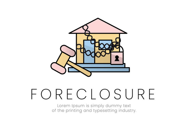 Finance. Foreclosure. House logo in chains with padlock and hammer next to it, with foreclosure lettering. Vector illustration. - Vector, Image