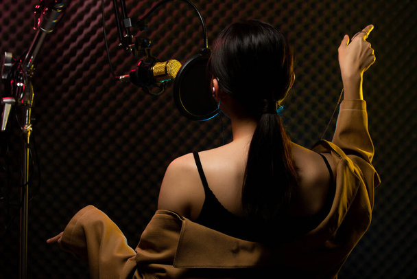 Asyalı Genç Kadın siyah saç teli mikrofon kondansatörü, besteci üzerinde yüksek sesle bir şarkı söylüyor. Stüdyo Ses geçirmez duvar odası kopyalama alanı - Fotoğraf, Görsel