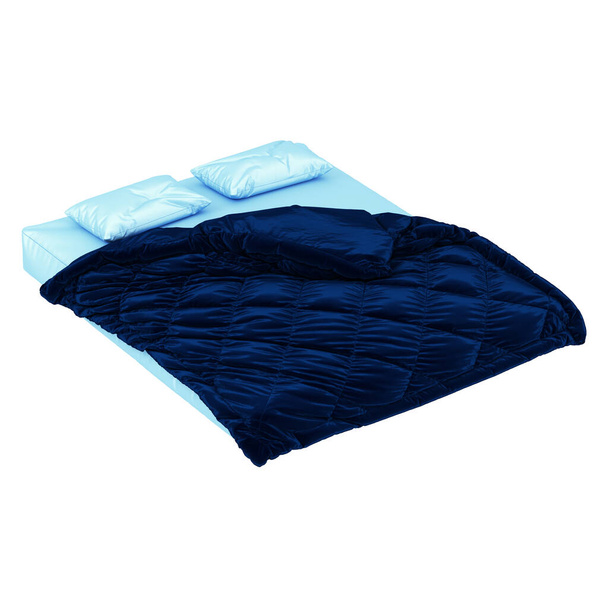 Un colchón con dos almohadas y una manta azul con pliegues sobre fondo blanco. renderizado 3d. - Foto, Imagen