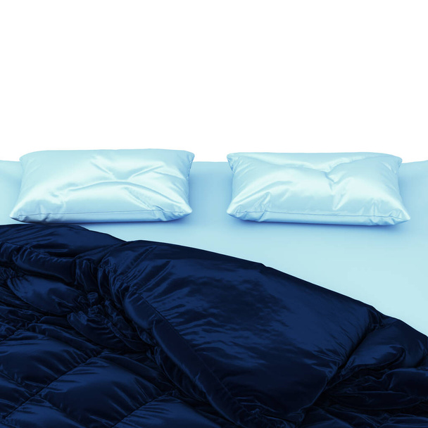 Матрас с двумя подушками и синим одеялом с складками переднего вида на белом фоне. 3d-рендеринг. - Фото, изображение