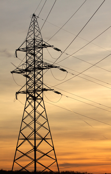 Power supply line metal tower on beautiful sunset vertical view - Photo, Image