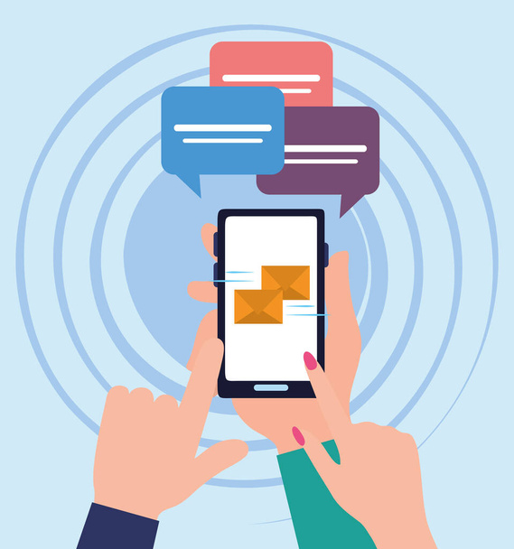 χέρια με το smartphone app email chat και να μιλήσουμε φυσαλίδες επικοινωνιών - Διάνυσμα, εικόνα