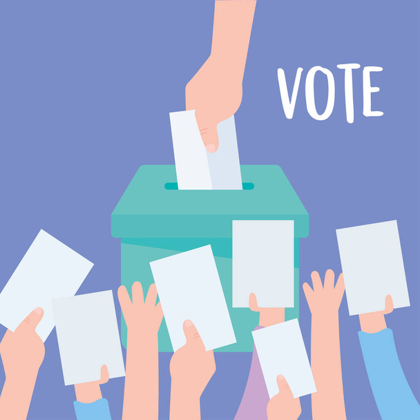 голосование и выборы, руки положить документы в коробку - Вектор,изображение