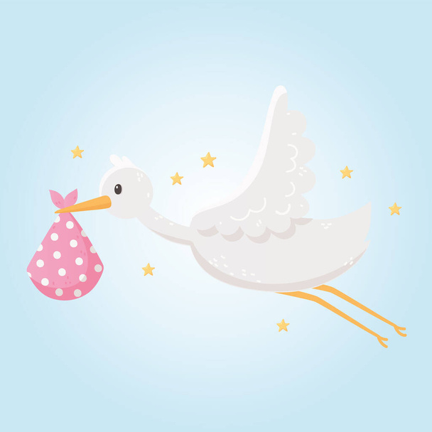 baby shower, vliegende schattige ooievaar met pasgeboren in deken - Vector, afbeelding