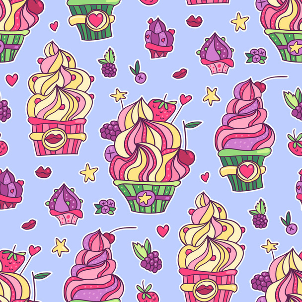 Seamless pattern with hand drawn big pink cupcakes on purple background. Stars, lips, tasty food. - Διάνυσμα, εικόνα
