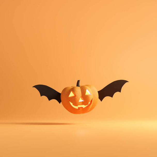 Halloween concept, Happy Pumpkin with wings flying on orange colors background, minimal style, 3d render. - Foto, immagini