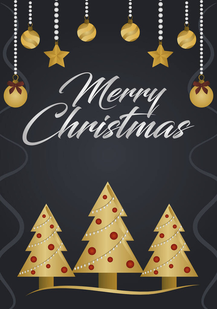 merry christmas, golden trees hanging balls and stars - Vector, Imagen