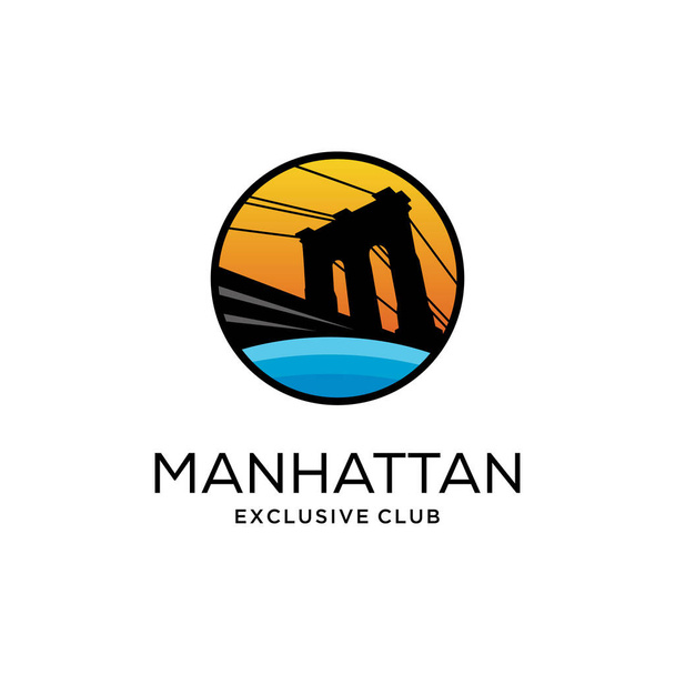 Ilustracja miasta Manhattan z dużym mostem nad ikoną logo rzeki. - Wektor, obraz