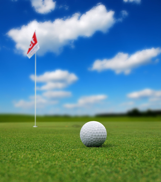 Balle de golf devant le drapeau
 - Photo, image