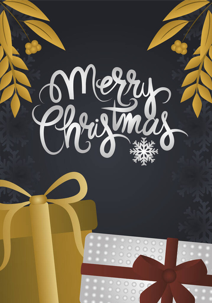 Καλά Χριστούγεννα, χρυσά δώρα κλαδιά διακόσμηση σκούρο φόντο - Διάνυσμα, εικόνα