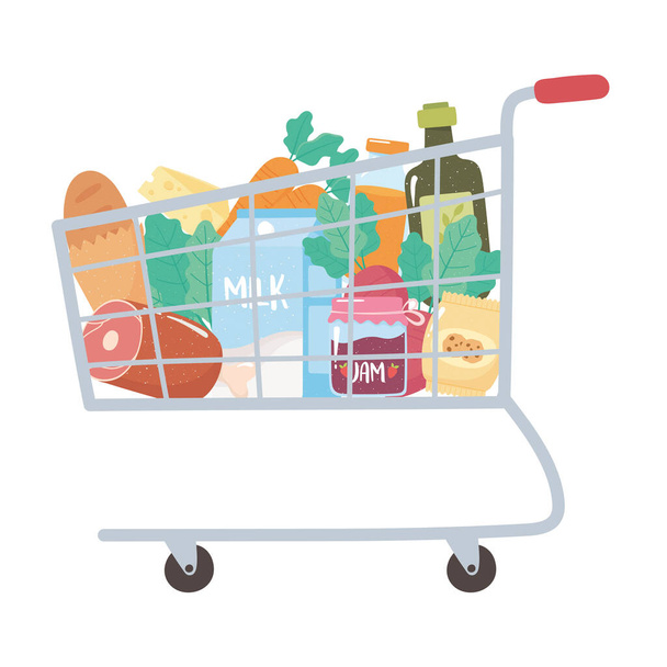 shop cart with bread meat milk jam carrot and more, grocery purchases - Vector, Image