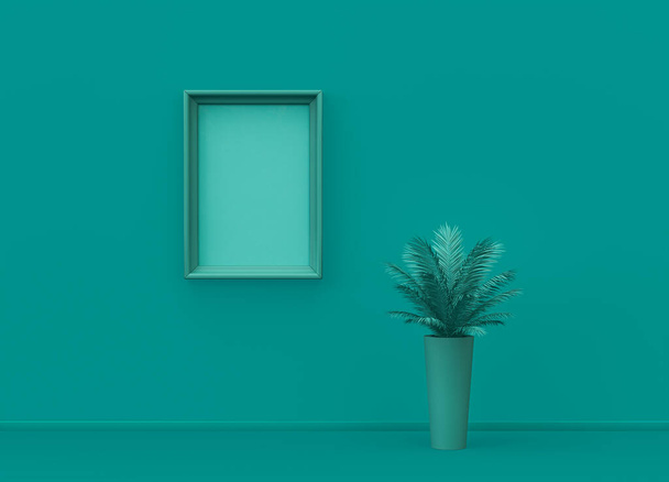 Poster frame mockup scene in effen monochrome groene kleur met enkele plant en enkele fotolijst. Groene achtergrond met kopieerruimte. 3D rendering, frame template - Foto, afbeelding