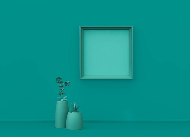 Poster frame mockup scene in plain monochrome green color with single plant and single picture frame. Green background with copy space. 3D rendering, frame template - Foto, Imagen