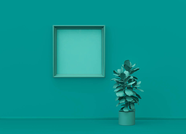 плакат рамка макета сцены в простой одноцветный зеленый цвет с одним растением и одной рамкой изображения. зеленый фон с копировальным пространством. 3D рендеринг, шаблон кадра - Фото, изображение