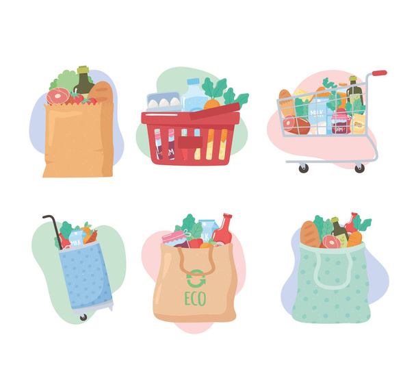 compras de comestibles, conjunto de iconos con cesta, carro, bolsas con alimentos - Vector, imagen