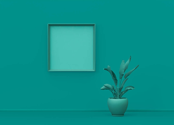Single poster frame and single flower in flat green color room, monochrome concept, 3D rendering, frame mockup room - Foto, imagen