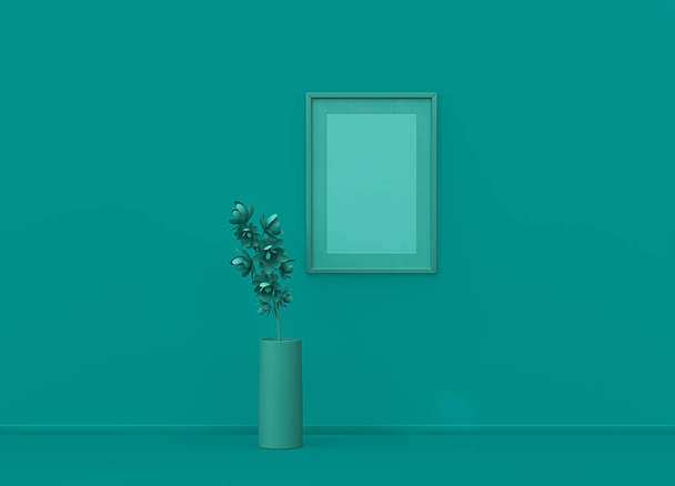 Cadre d'affiche verticale simple avec tapis de cadre et fleur simple dans la pièce de couleur verte plate, concept monochrome, rendu 3D, chambre de maquette de cadre - Photo, image
