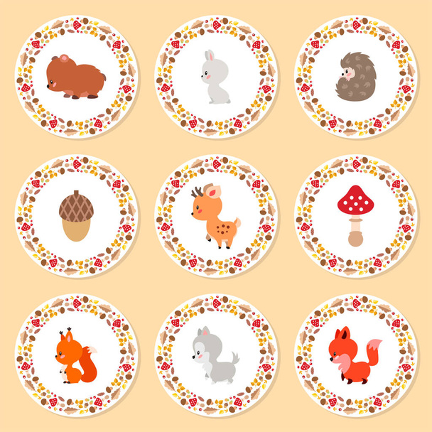 Autumn cupcake toppers. Set of cute cupcake toppers with little woodland animals and wreathes made of autumn plants. Can be used as greeting cards, gift tags or icons. Vector 10 EPS. - ベクター画像
