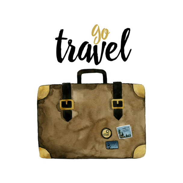 brown retro suitcase, watercolor illustration - 写真・画像