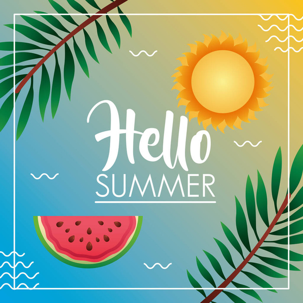 太陽とスイカでこんにちは夏のシーズンレタリング - ベクター画像