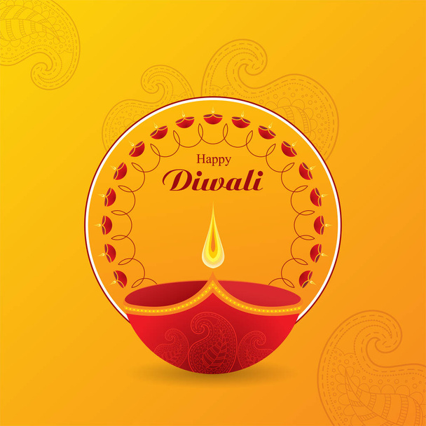 Diwali Festival Hintergrund mit Diya und Paisley Design auf gelb orange Farbe. - Vektor, Bild