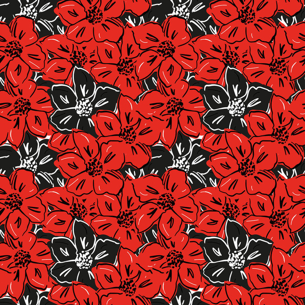 Seamless hand drawn background with red and black flowers. Allover print for textile. - Vector, afbeelding
