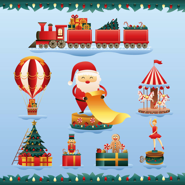 Papai Noel e pacote de brinquedos de Natal conjunto ícones - Vetor, Imagem