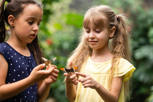 Δύο μικρές αδελφές κρατώντας μια πεταλούδα στα χέρια τους. Τα παιδιά εξερευνούν τη φύση. Οικογενειακή αναψυχή με παιδιά το καλοκαίρι. - Φωτογραφία, εικόνα