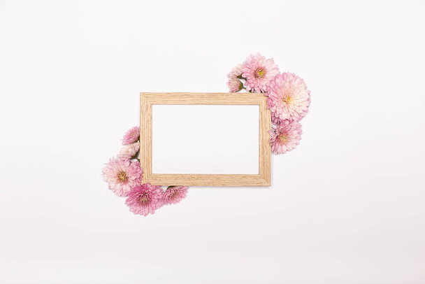 Σύνθεση λουλουδιών. Κορνίζα, χρυσάνθεμο λουλούδια σε λευκό φόντο. Spring concept, flat lay, top view, αντιγραφή χώρου - Φωτογραφία, εικόνα