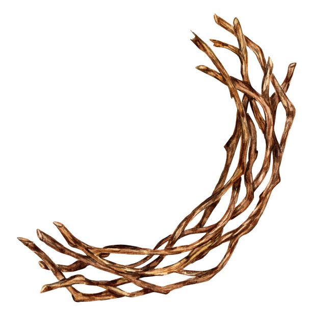 Branches tied in a wreath for Christmas and New Year's decor. Watercolor illustration of a fragment of a wreath of twigs for decoration of the holidays. Isolated on white background. Drawn by hand. - Photo, Image