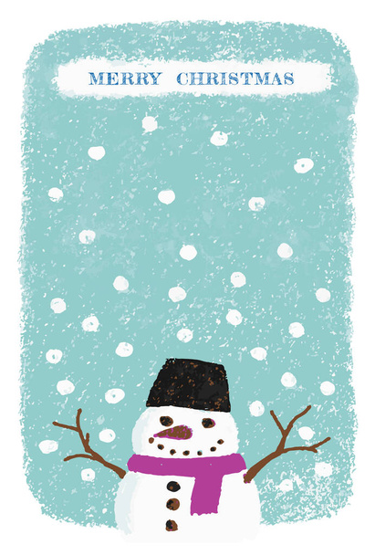 Vánoční přání s ručně kreslené pastelky sněhulák na modrém pozadí - Vektor, obrázek