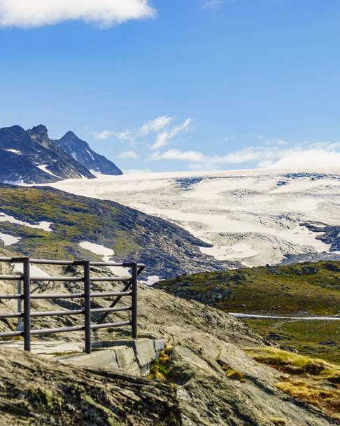 Mountain landscape in summertime with snowy peaks and glaciers. National tourist scenic route 55 Sognefjellet between Lom and Gaupne, Norway. - Photo, image